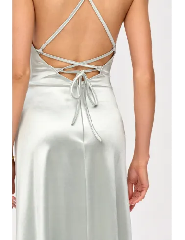 Alessandra – Langes Satin Abendkleid mit Spaghettiträgern, Rückenschnürung und Beinschlitz in Mint| Roco Fashion