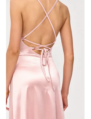 Alessandra – Langes Satin Abendkleid mit Spaghettiträgern, Rückenschnürung und Beinschlitz in Rosa| Roco Fashion