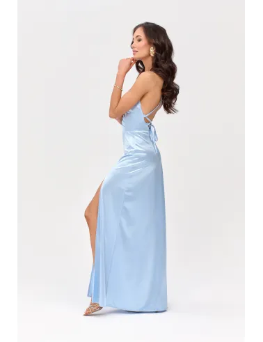 Alessandra – Langes Satin Abendkleid mit Spaghettiträgern, Rückenschnürung und Beinschlitz in Himmelblau| Roco Fashion