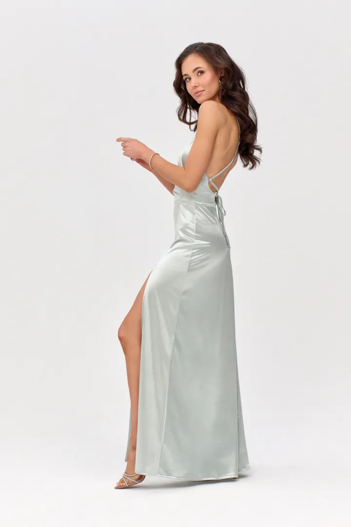 Alessandra - Langes Satin Abendkleid mit Spaghettiträgern, Rückenschnürung und Beinschlitz in Mint