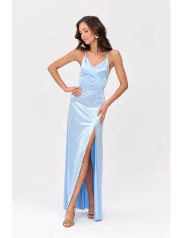 Alessandra – Langes Satin Abendkleid mit Spaghettiträgern, Rückenschnürung und Beinschlitz in Himmelblau| Roco Fashion