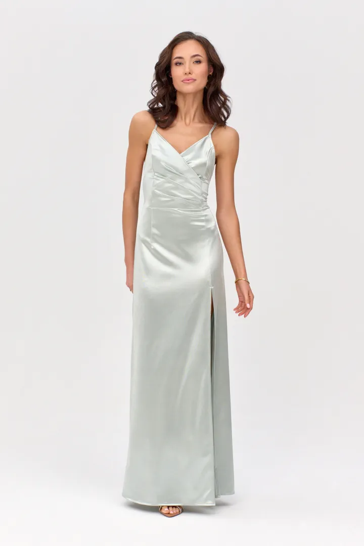 Alessandra - Langes Satin Abendkleid mit Spaghettiträgern, Rückenschnürung und Beinschlitz in Mint