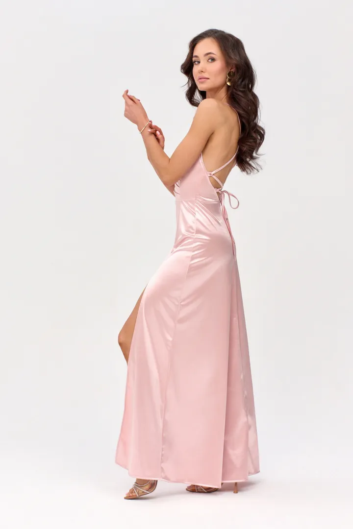 Alessandra - Langes Satin Abendkleid mit Spaghettiträgern, Rückenschnürung und Beinschlitz in Rosa