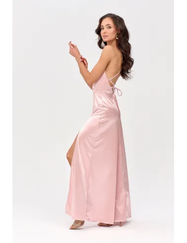 Alessandra – Langes Satin Abendkleid mit Spaghettiträgern, Rückenschnürung und Beinschlitz in Rosa| Roco Fashion