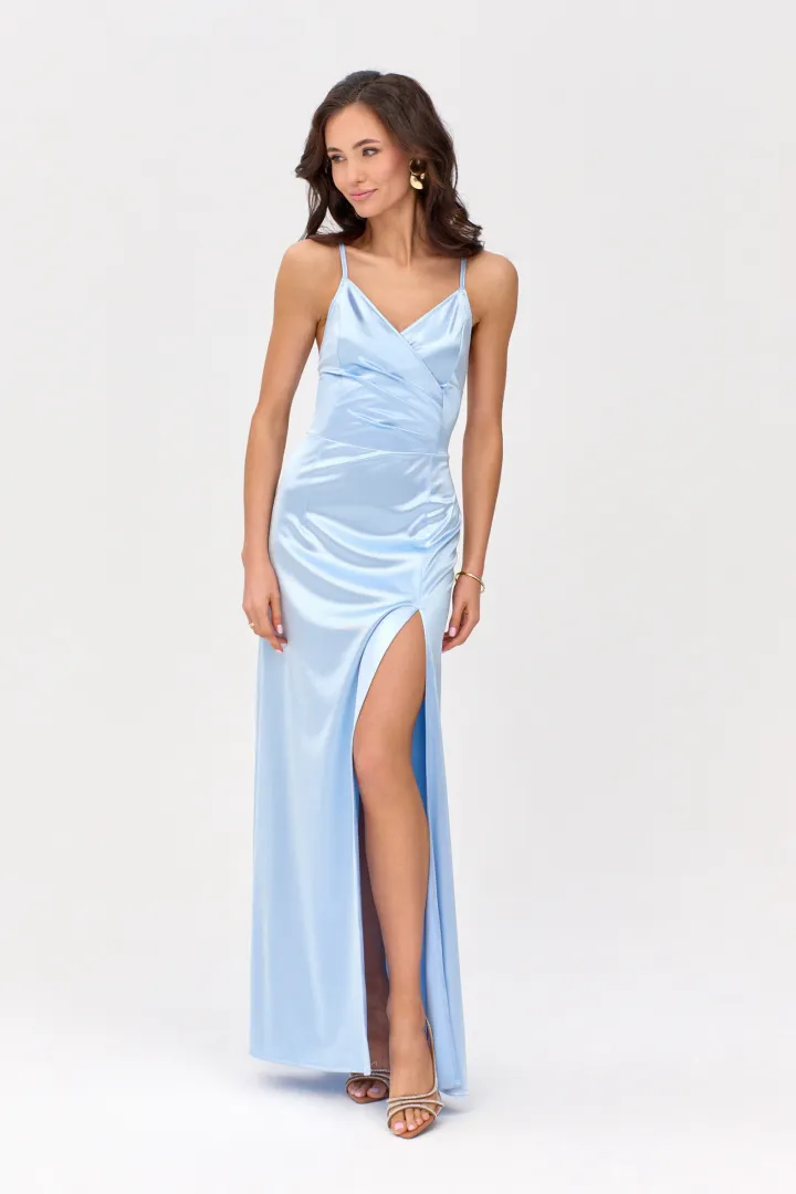 Alessandra - Langes Satin Abendkleid mit Spaghettiträgern, Rückenschnürung und Beinschlitz in Himmelblau