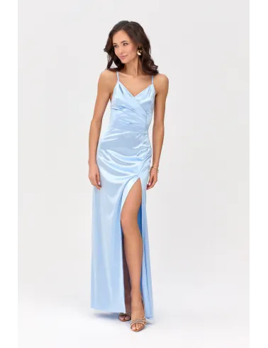 Alessandra – Langes Satin Abendkleid mit Spaghettiträgern, Rückenschnürung und Beinschlitz in Himmelblau| Roco Fashion