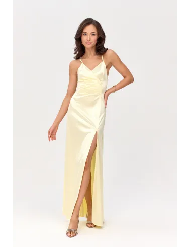 Alessandra – Langes Satin Abendkleid mit Spaghettiträgern, Rückenschnürung und Beinschlitz in Gelb| Roco Fashion