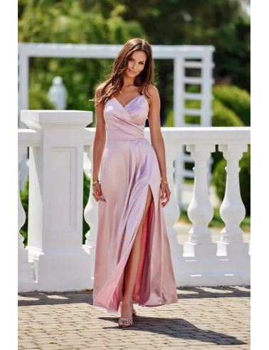 Salma – elegantes Satin-Maxikleid mit Drapierung & hohem Schlitz Rosa | Roco Fashion