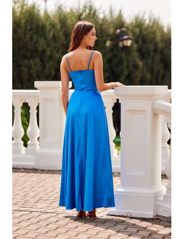 Salma – elegantes Satin-Maxikleid mit Drapierung & hohem Schlitz Königsblau| Roco Fashion