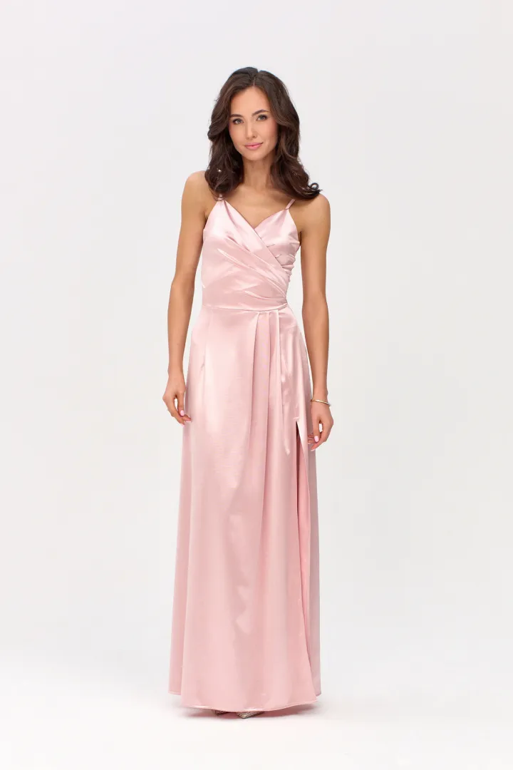 Salma - elegantes Satin-Maxikleid mit Drapierung und hohem Schlitz in Rosa