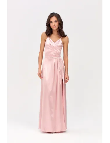 Salma – elegantes Satin-Maxikleid mit Drapierung & hohem Schlitz Rosa | Roco Fashion