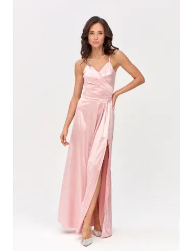 Salma – elegantes Satin-Maxikleid mit Drapierung & hohem Schlitz Rosa | Roco Fashion