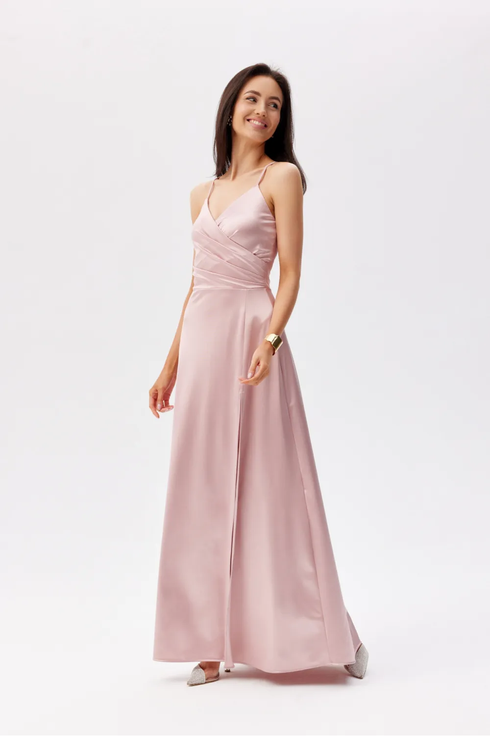 Serena – elegantes Satin Maxikleid Rosa mit Beinschlitz & Schnürung | Roco Fashion