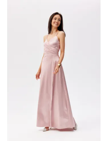 Serena – elegantes Satin Maxikleid Rosa mit Beinschlitz & Schnürung | Roco Fashion