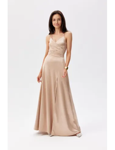Serena – elegantes Satin Maxikleid Beige mit Beinschlitz & Schnürung | Roco Fashion