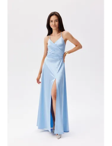 Serena – elegantes Satin Maxikleid Himmelblau mit Beinschlitz & Schnürung | Roco Fashion