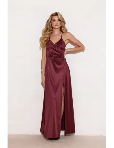 Serena – elegantes Satin Maxikleid Burgunderrot mit Beinschlitz & Schnürung | Roco Fashion