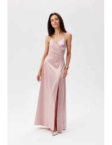 Serena – elegantes Satin Maxikleid Rosa mit Beinschlitz & Schnürung | Roco Fashion