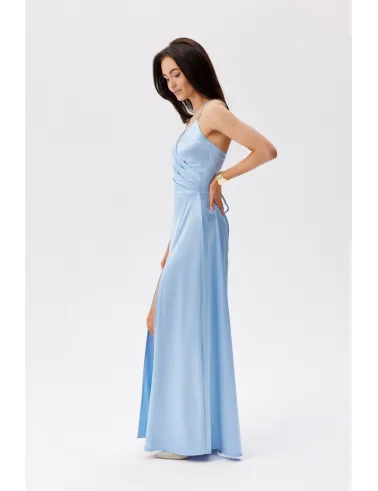 Serena – elegantes Satin Maxikleid Himmelblau mit Beinschlitz & Schnürung | Roco Fashion