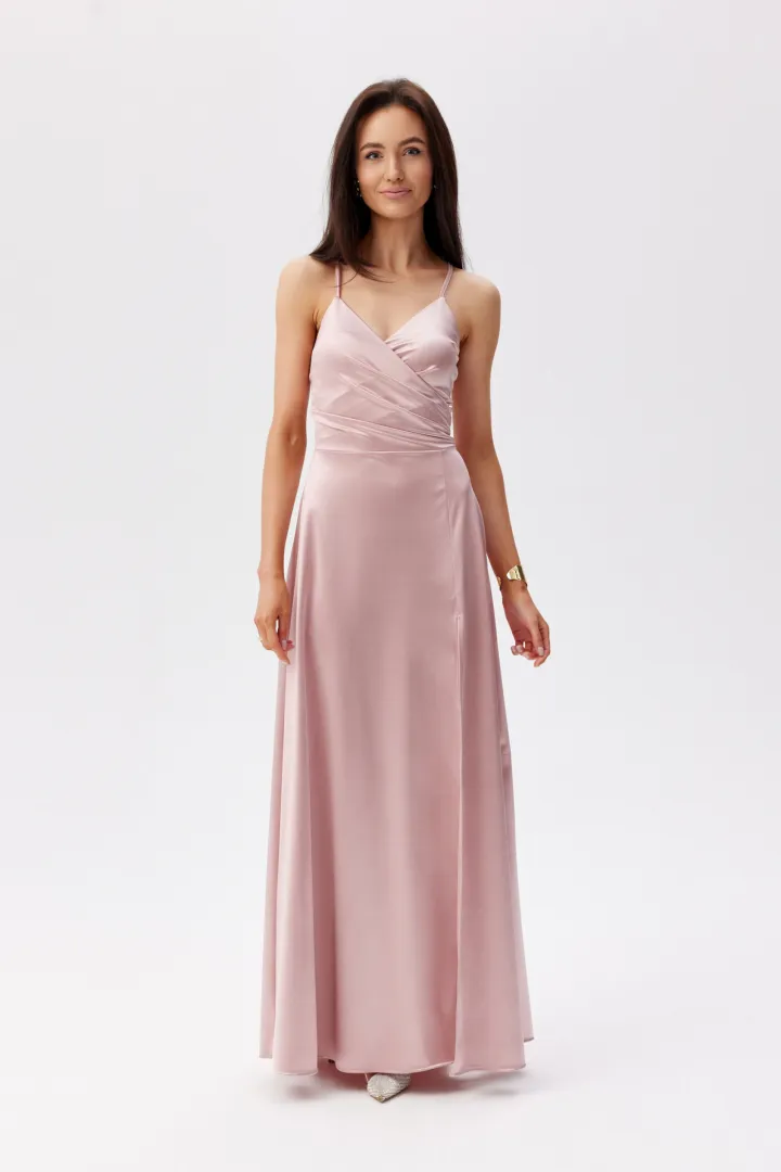 Serena - elegante Maxikleid aus Satin mit Spaghettiträgern, Beinschlitz und Schnürung am Rücken in Rosa