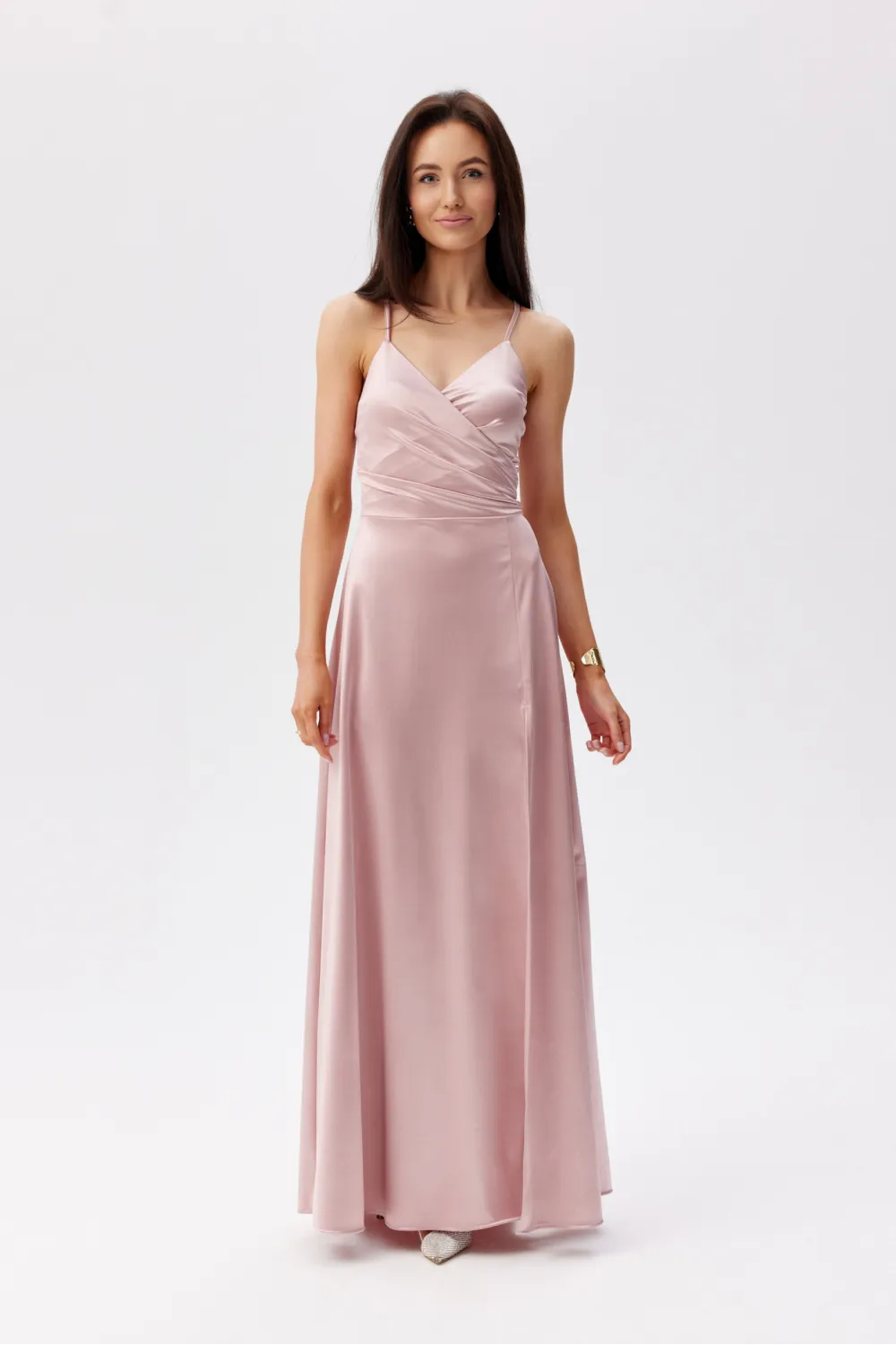 Serena – elegantes Satin Maxikleid Rosa mit Beinschlitz & Schnürung | Roco Fashion