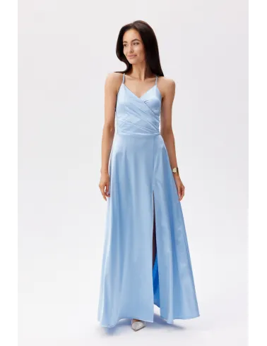 Serena – elegantes Satin Maxikleid Himmelblau mit Beinschlitz & Schnürung | Roco Fashion