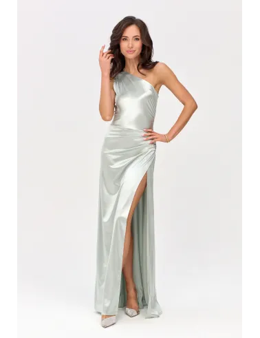 Inez – długa sukienka na jedno ramię z rozcięciem miętowa | Roco Fashion