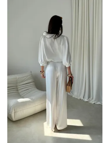 Elsa – eleganckie szerokie spodnie satynowe ecru damskie | Roco Fashion