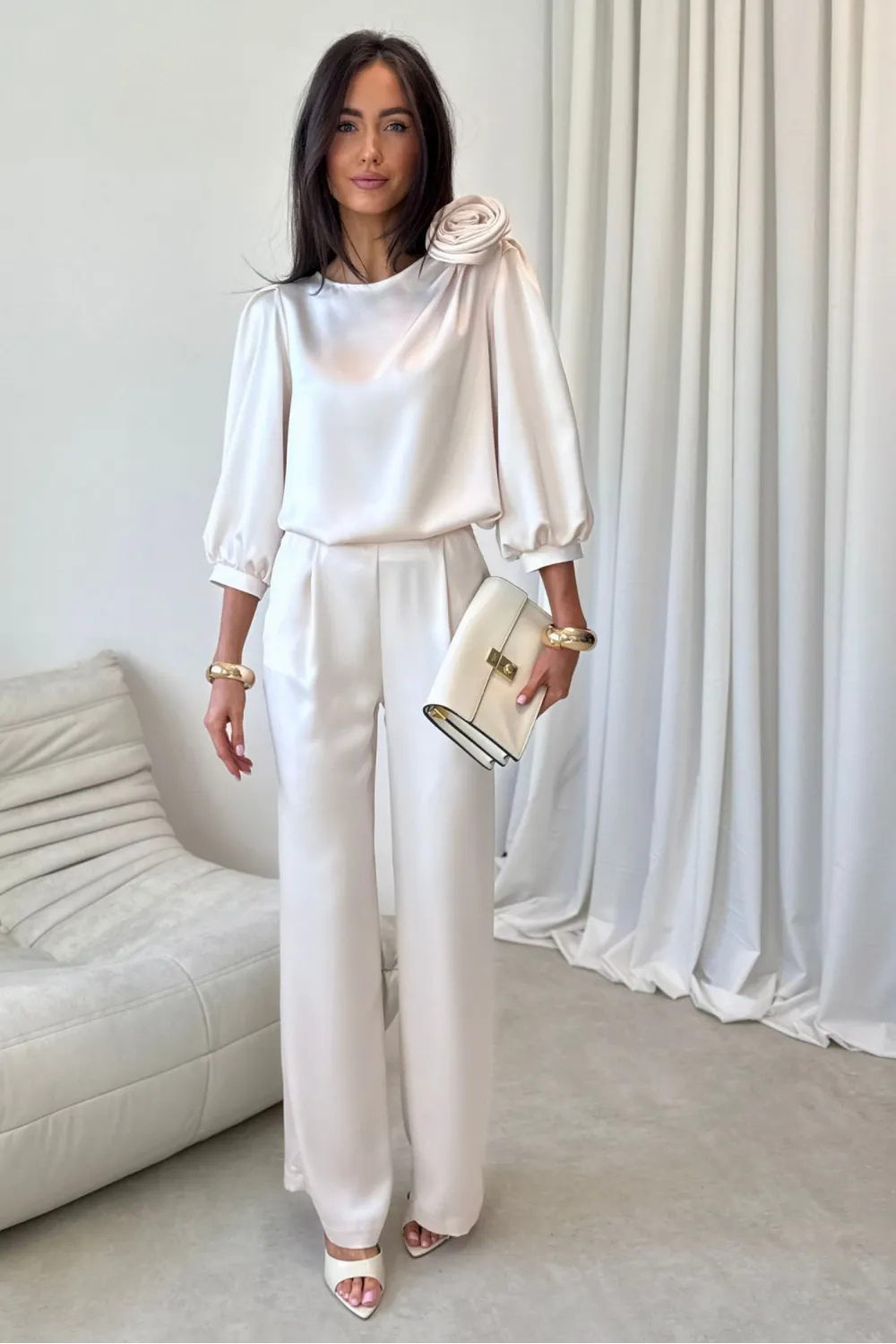 Elsa – elegante Wide-Leg Hose mit Satin-Finish in Vanille| Roco Fashion