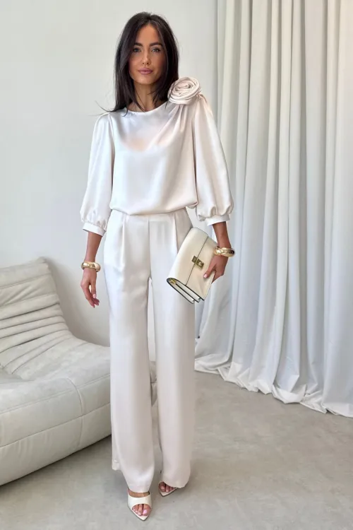 Elsa - elegante Wide-Leg Hose mit edlem Satin-Finish in Vanille