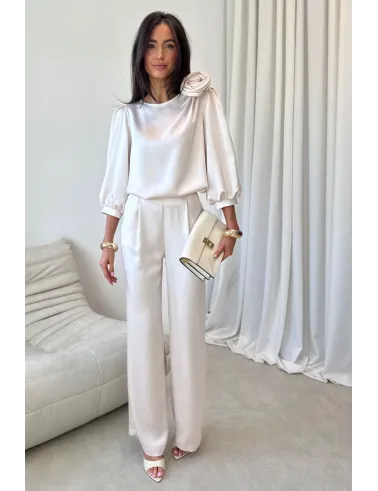 Elsa – eleganckie szerokie spodnie satynowe waniliowe damskie | Roco Fashion