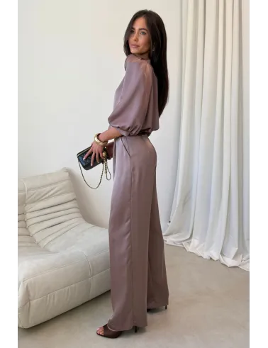 Elsa – eleganckie szerokie spodnie satynowe brązowe damskie | Roco Fashion