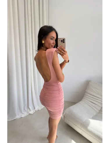 Celestia - Figurbetontes Mini Kleid mit Raffungen und tiefem Rückenausschnitt in Rosa| Roco Fashion