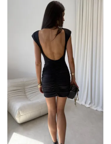 Celestia - Figurbetontes Mini Kleid mit Raffungen und tiefem Rückenausschnitt in Schwarz | Roco Fashion