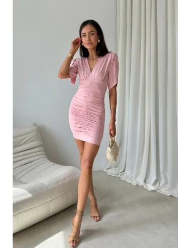 Novalie – Elegantes Minikleid mit Raffungen und kurzen Ärmeln in Puderrosa | Roco Fashion