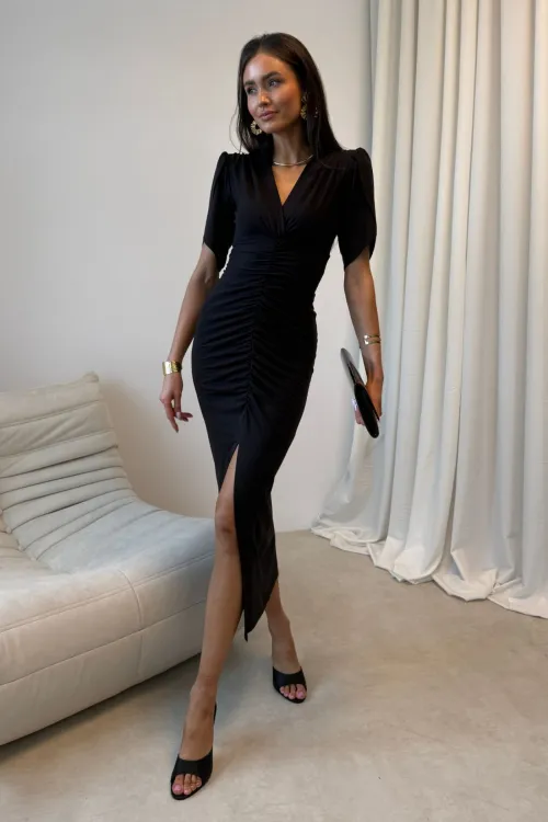 Melisandre - elegante Midikleid mit Raffungen in Schwarz| Roco Fashion
