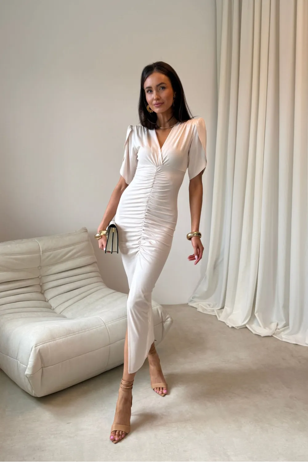 Melisandre - elegante Midikleid mit Raffungen in Vanille| Roco Fashion