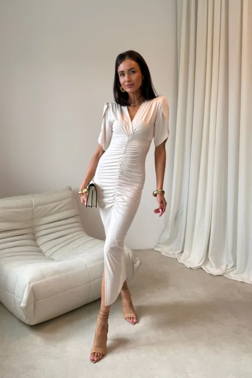 Melisandre - elegante Midikleid mit Raffungen in Vanille| Roco Fashion