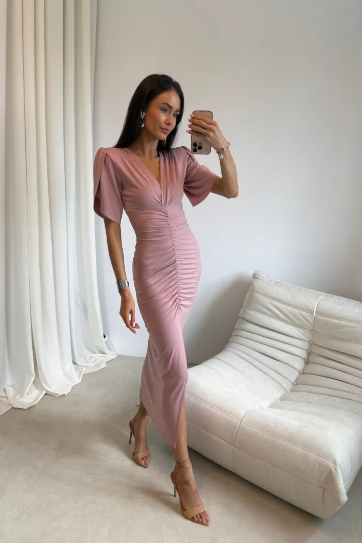 Melisandre - elegante Midikleid mit Raffungen in dunkel Rosa| Roco Fashion