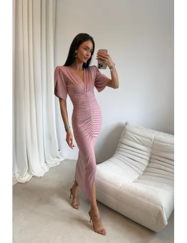Melisandre - elegante Midikleid mit Raffungen in dunkel Rosa| Roco Fashion