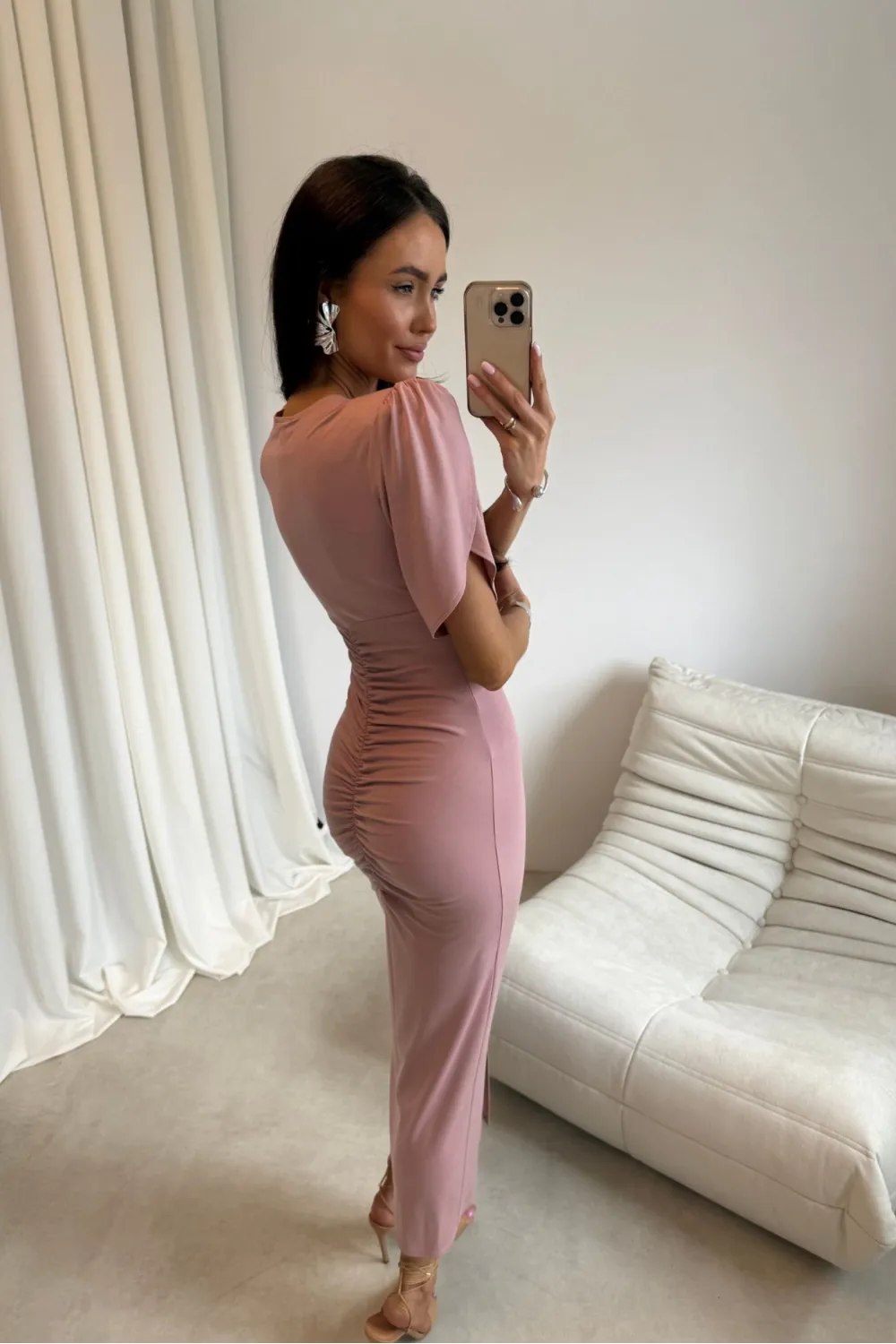 Melisandre - elegante Midikleid mit Raffungen in dunkel Rosa| Roco Fashion