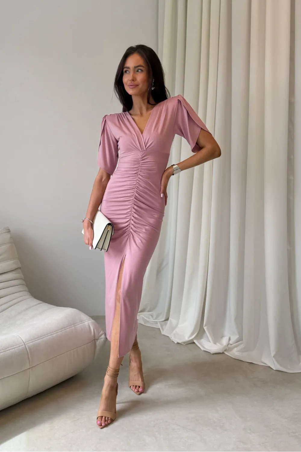 Melisandre - elegante Midikleid mit Raffungen in dunkel Rosa| Roco Fashion