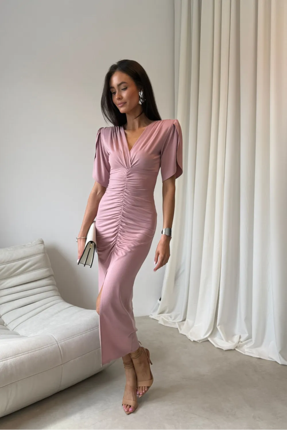 Melisandre - elegante Midikleid mit Raffungen in dunkel Rosa| Roco Fashion
