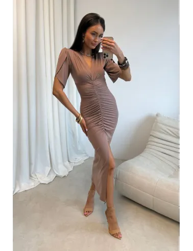 Melisandre - elegante Midikleid mit Raffungen in Cappuccino | Roco Fashion