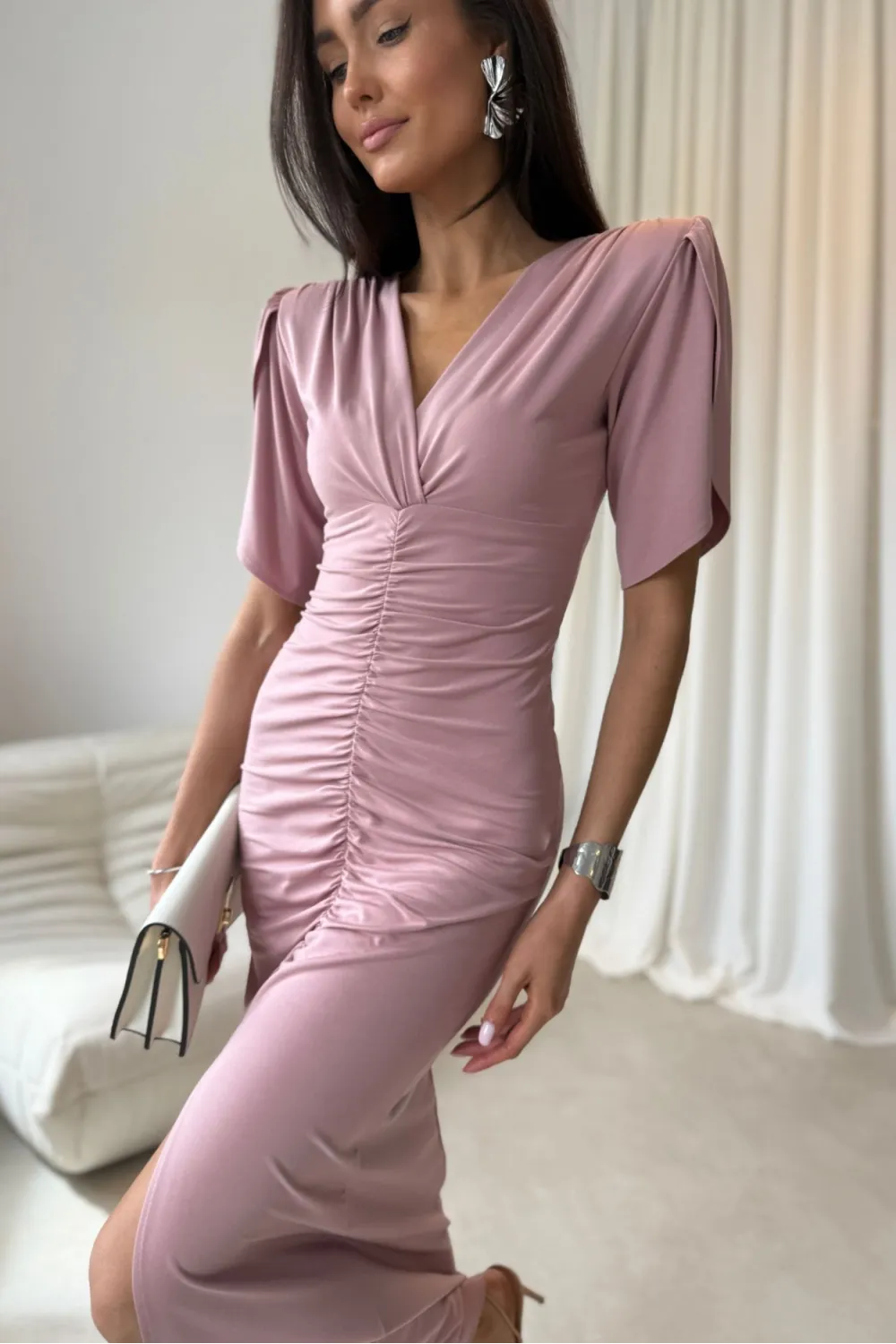 Melisandre - elegante Midikleid mit Raffungen in dunkel Rosa| Roco Fashion