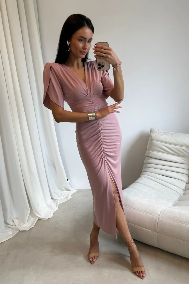 Melisandre - elegante Midikleid mit Raffungen in dunkel Rosa
