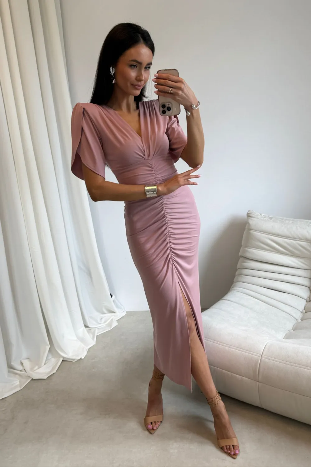 Melisandre - elegante Midikleid mit Raffungen in dunkel Rosa| Roco Fashion