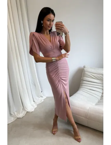 Melisandre - dopasowana sukienka midi z marszczeniem ciemny róż| Roco Fashion