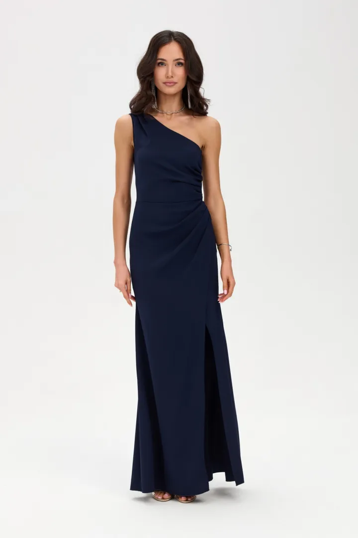Selisse – Asymmetrisches Maxikleid mit Raffungen und Beinschlitz in Marine| Roco Fashion