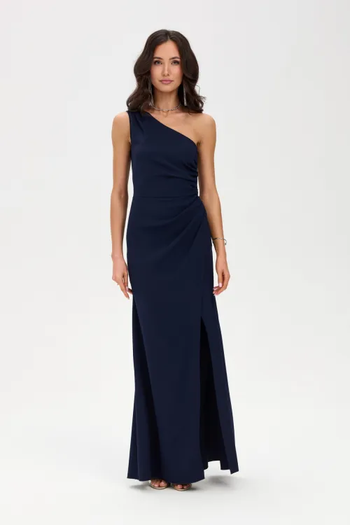 Selisse – Asymmetrisches Maxikleid mit Raffungen und Beinschlitz in Marine| Roco Fashion